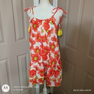 ModaPosa Tonia Spaghetti Strap Ruffle Mini Dress with Pom Pom Trim in Poppy. XS.